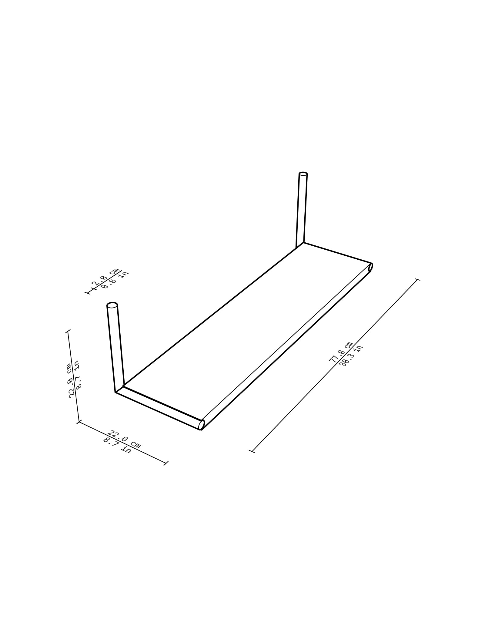 ELLE Shelf – Color wireframe drawing showing dimensions for adjustable mounting and storage flexibility.
