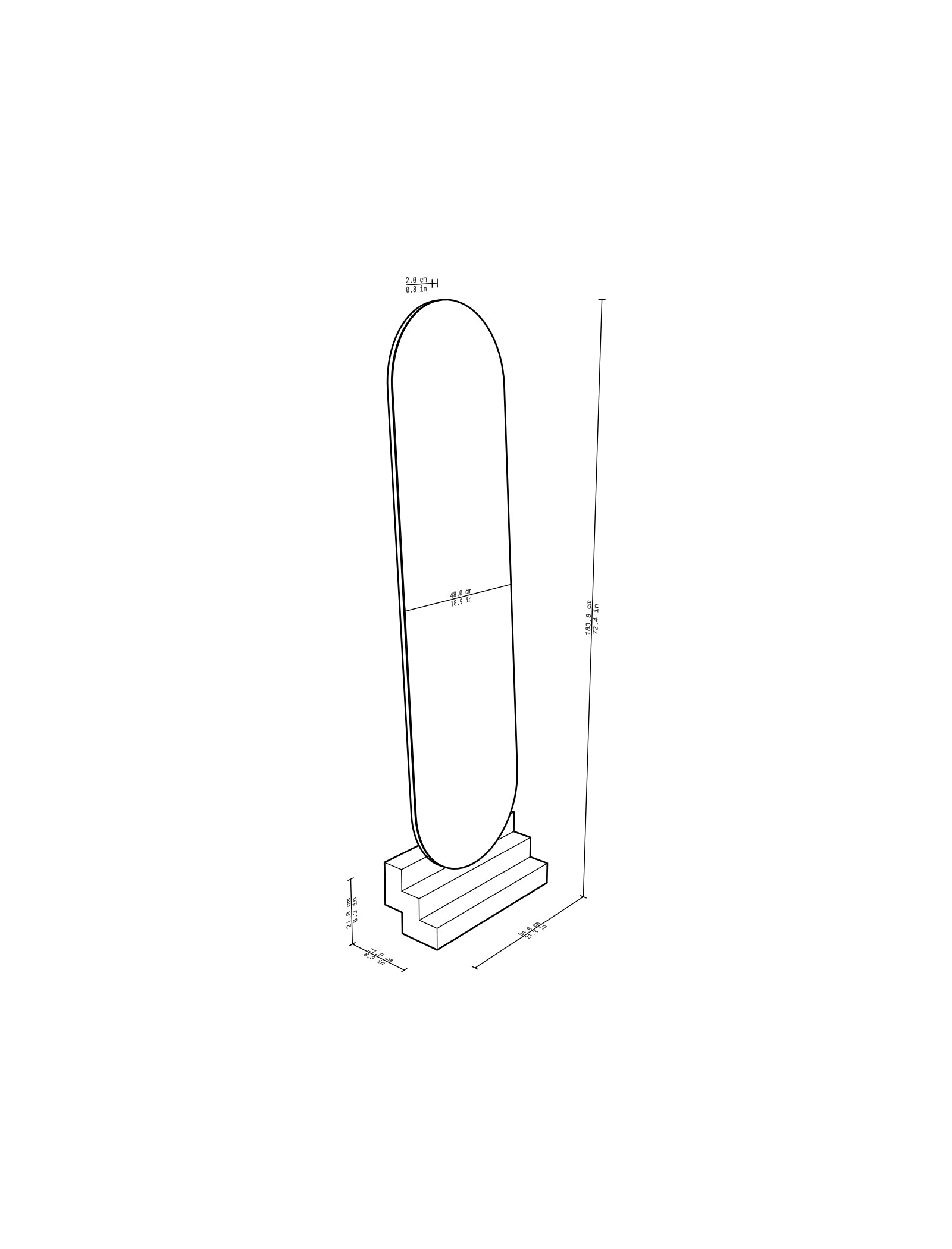 NONCHALANT Mirror L sketch with dimensions showing a tall, lean mirror on a stepped base design.