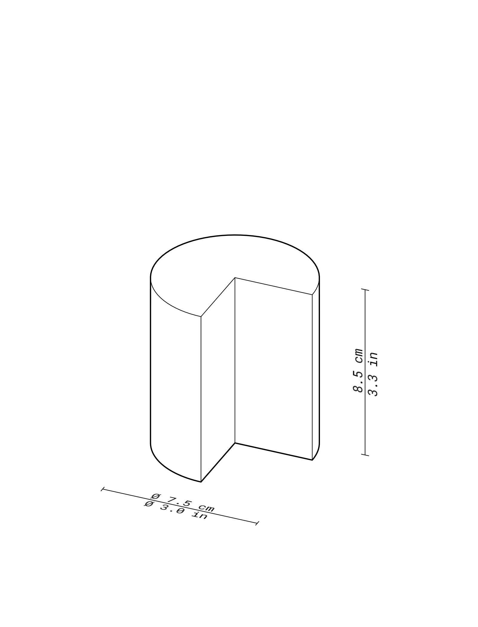 NOOK Bookend - A, minimalist cylindrical bookend with a cut-out corner, dimensions 7.5 cm by 8.5 cm.