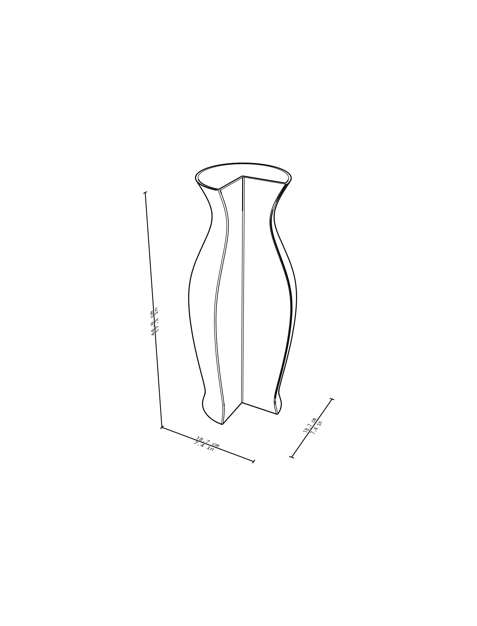 QUATER Vase - Three quarter ceramic vase with amphora-inspired shape, shown with dimensions in a line drawing.