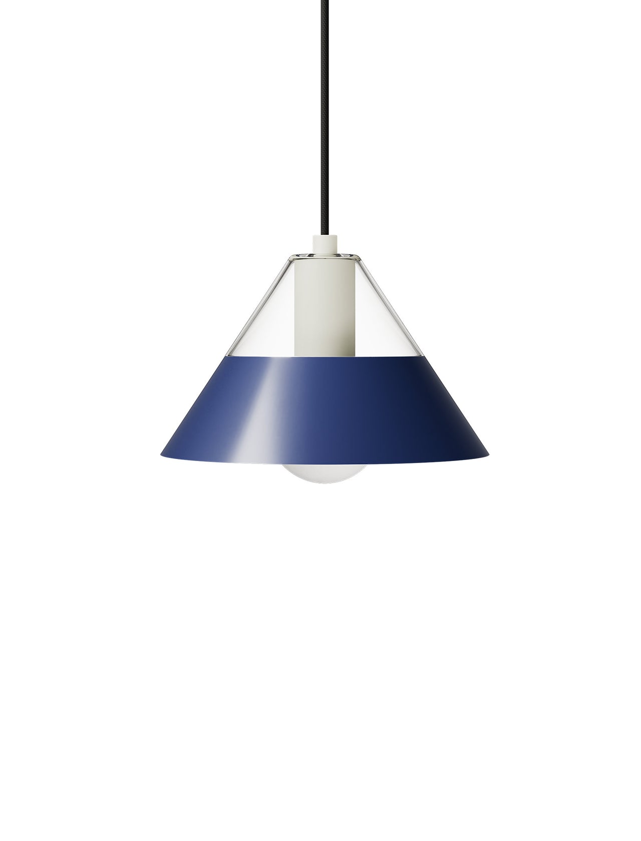 FIFTY FIFTY Lamp with a clear glass upper shade and navy metal lower shade for balanced ambient and focused lighting.