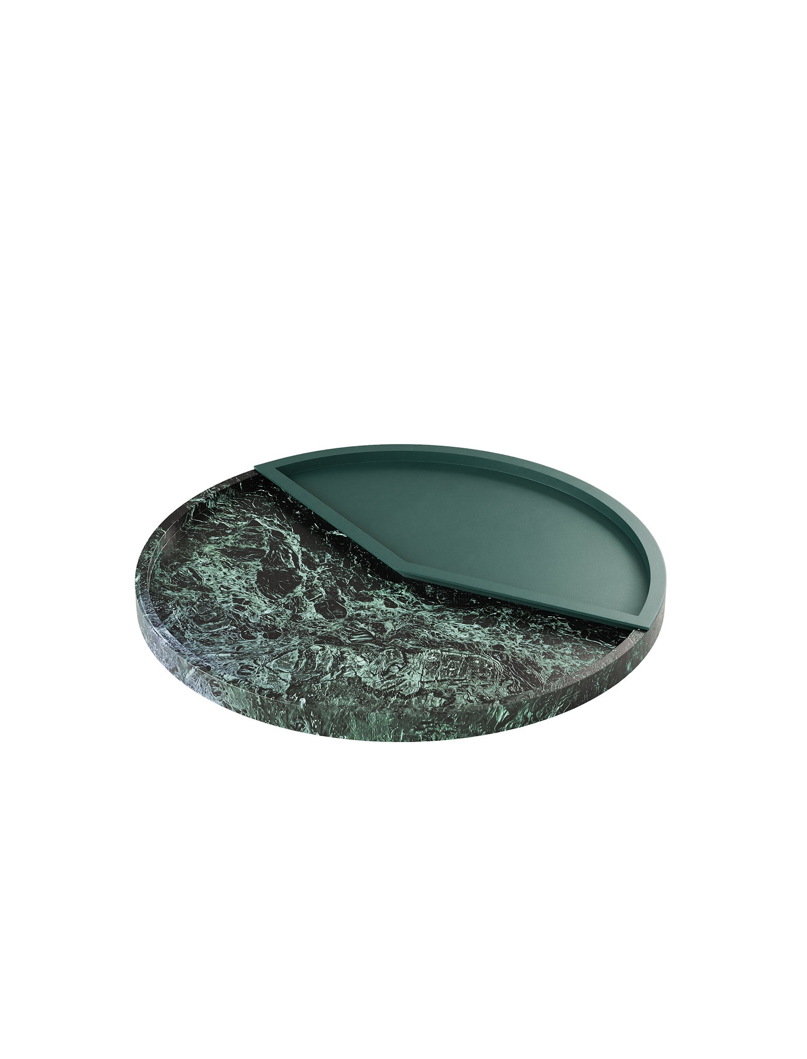 5 O'CLOCK Tray featuring a round green marble base with a lacquered aluminum inlay marking 5pm.
