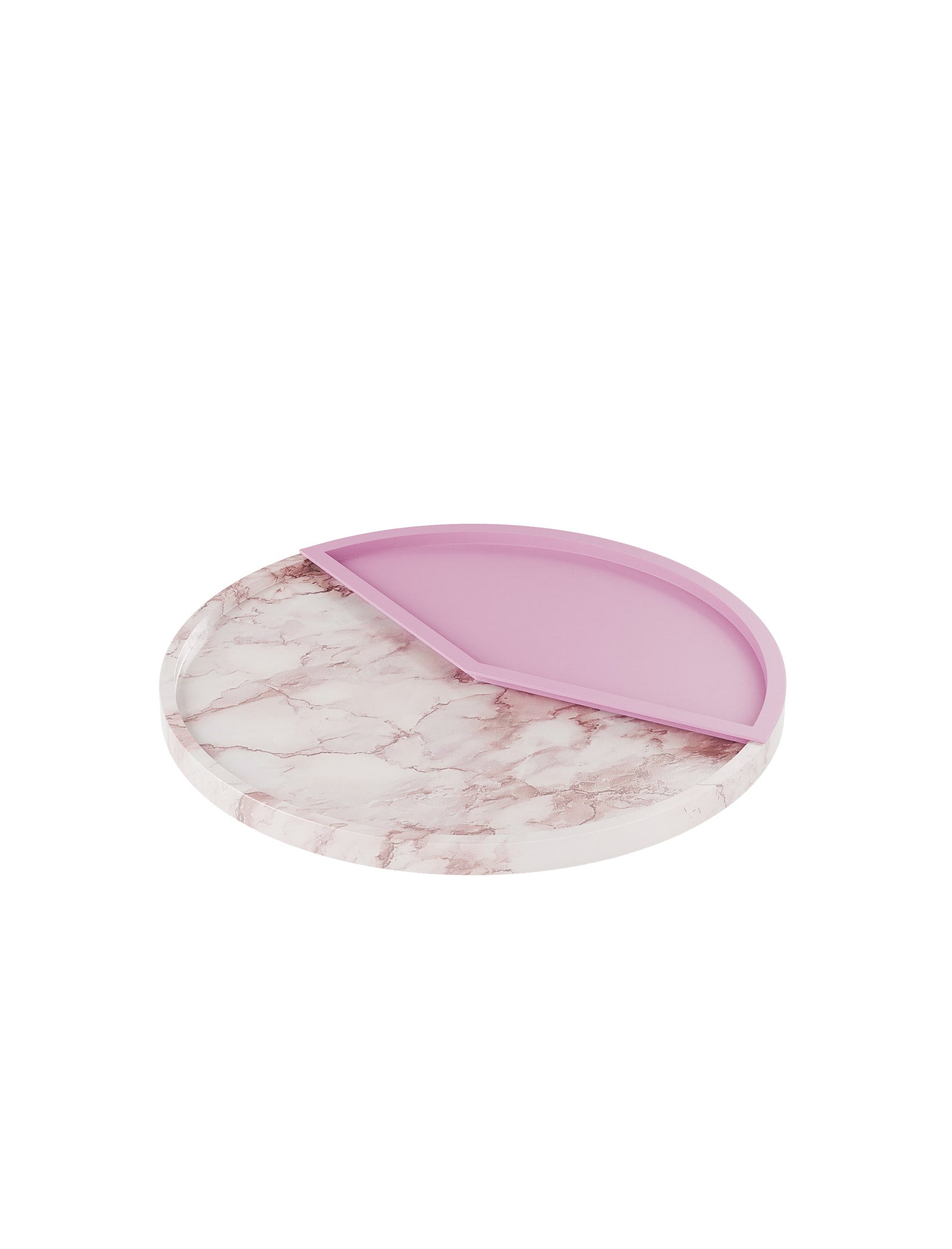 5 O'CLOCK Tray with round marble base and pink lacquered aluminum inlay, ideal for drinks and small bites.