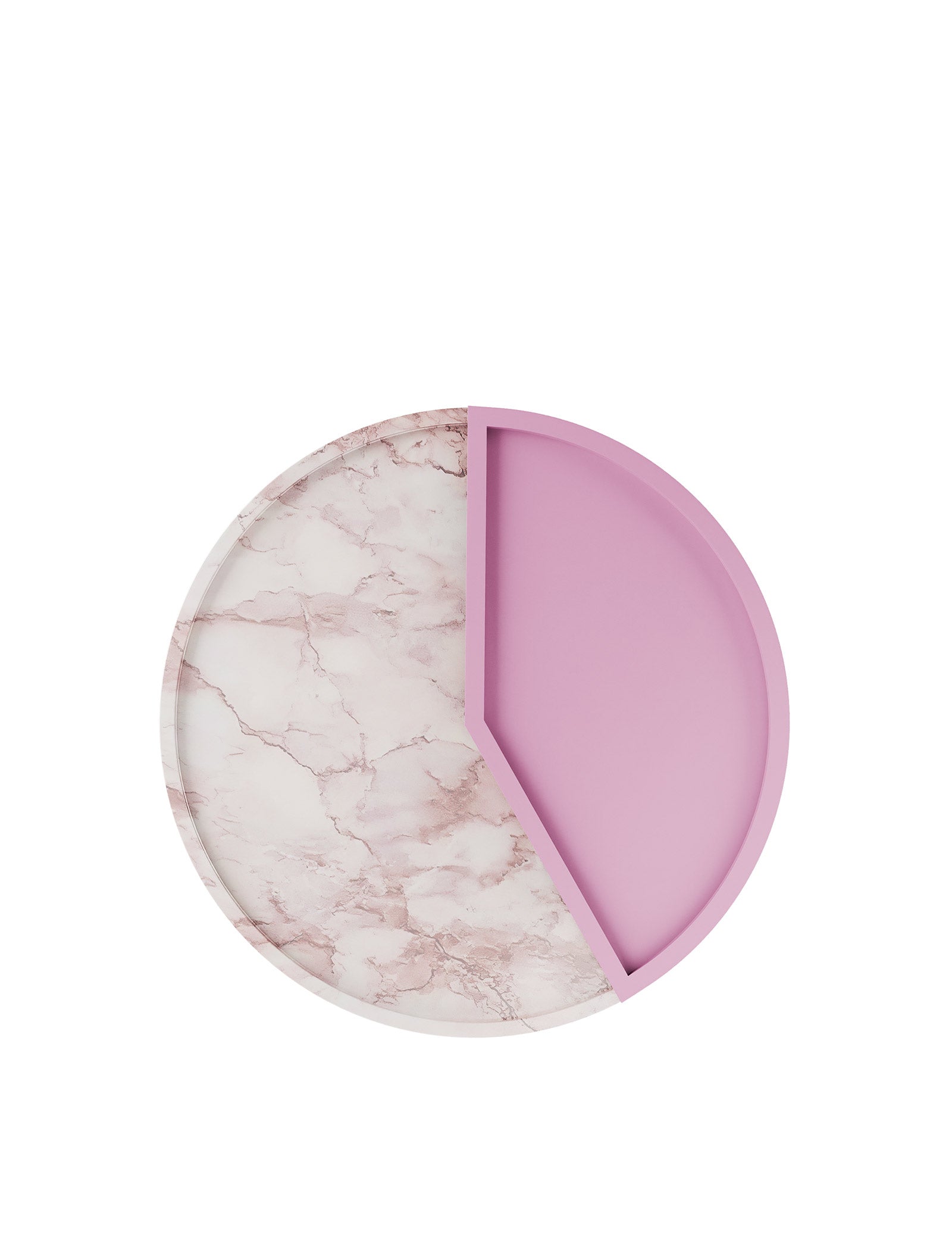 5 O'CLOCK Tray with a round marble base and pink lacquered aluminum inlay, perfect for drinks or small bites.
