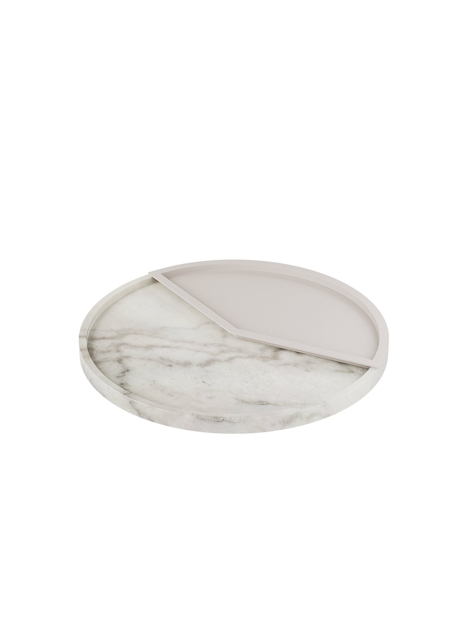 5 O'CLOCK Tray with round marble base and lacquered aluminum inlay, elegant design for drinks or small bites.