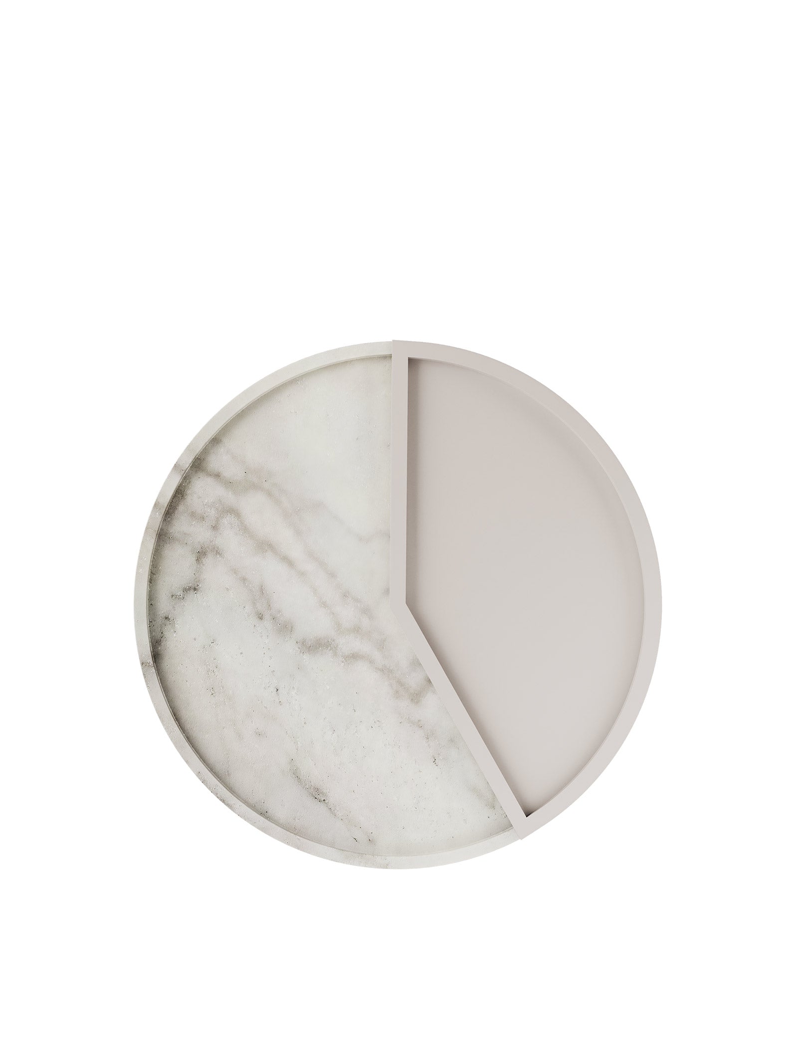 5 O'CLOCK Tray with round marble base and lacquered aluminum inlay, perfect for drinks and small bites.