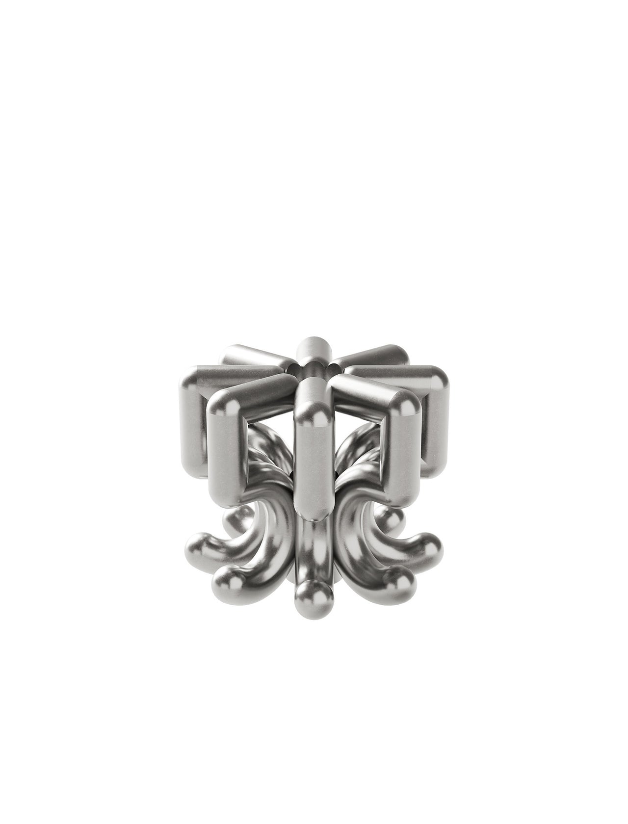 DIGIT FIVE Candlestick made of polished solid aluminum with a modern geometric design on a green background.