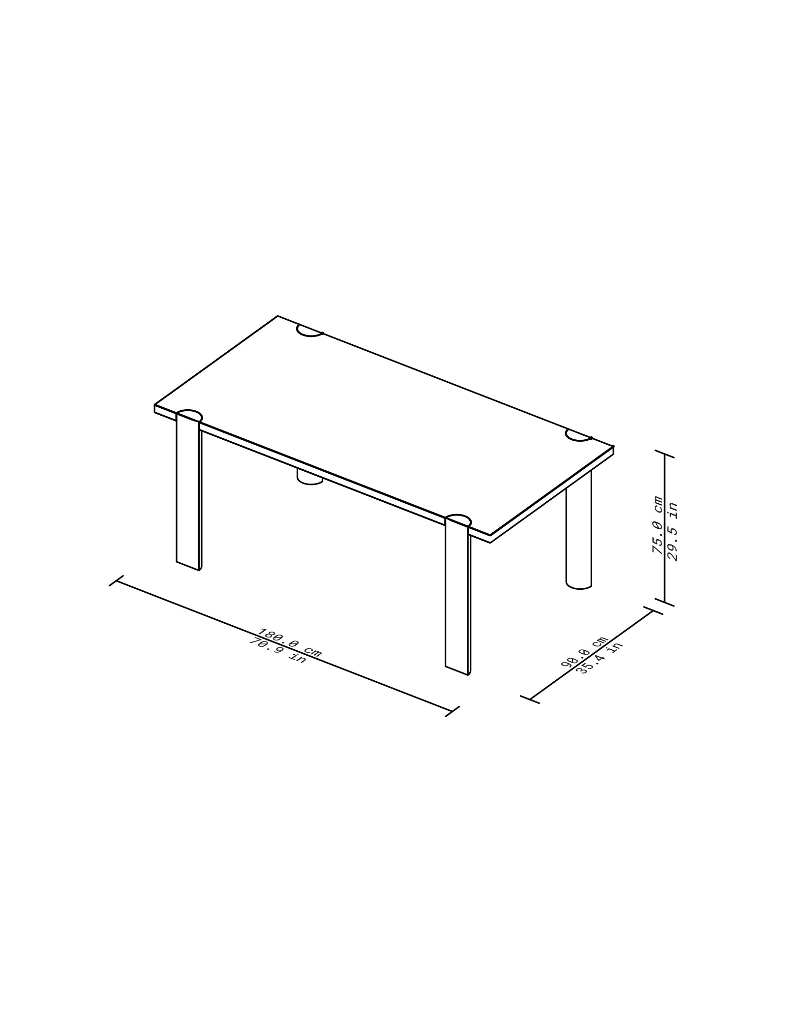 EVERYDAY Table line drawing showing dimensions and four rounded legs supporting a rectangular tabletop.