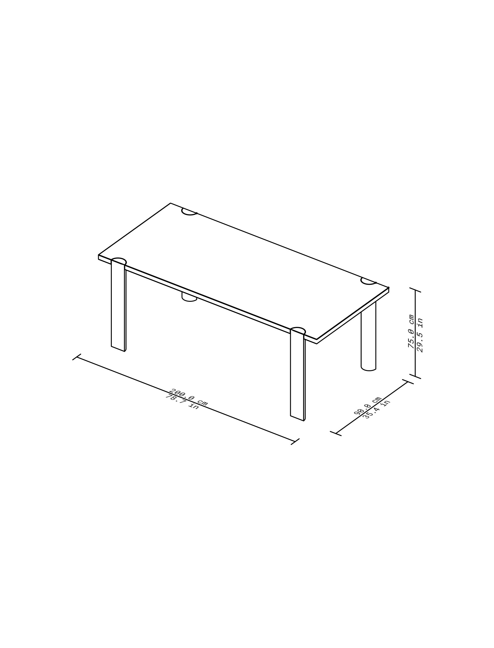 EVERYDAY Table line drawing with dimensions showing solid wood top and four rounded legs design.