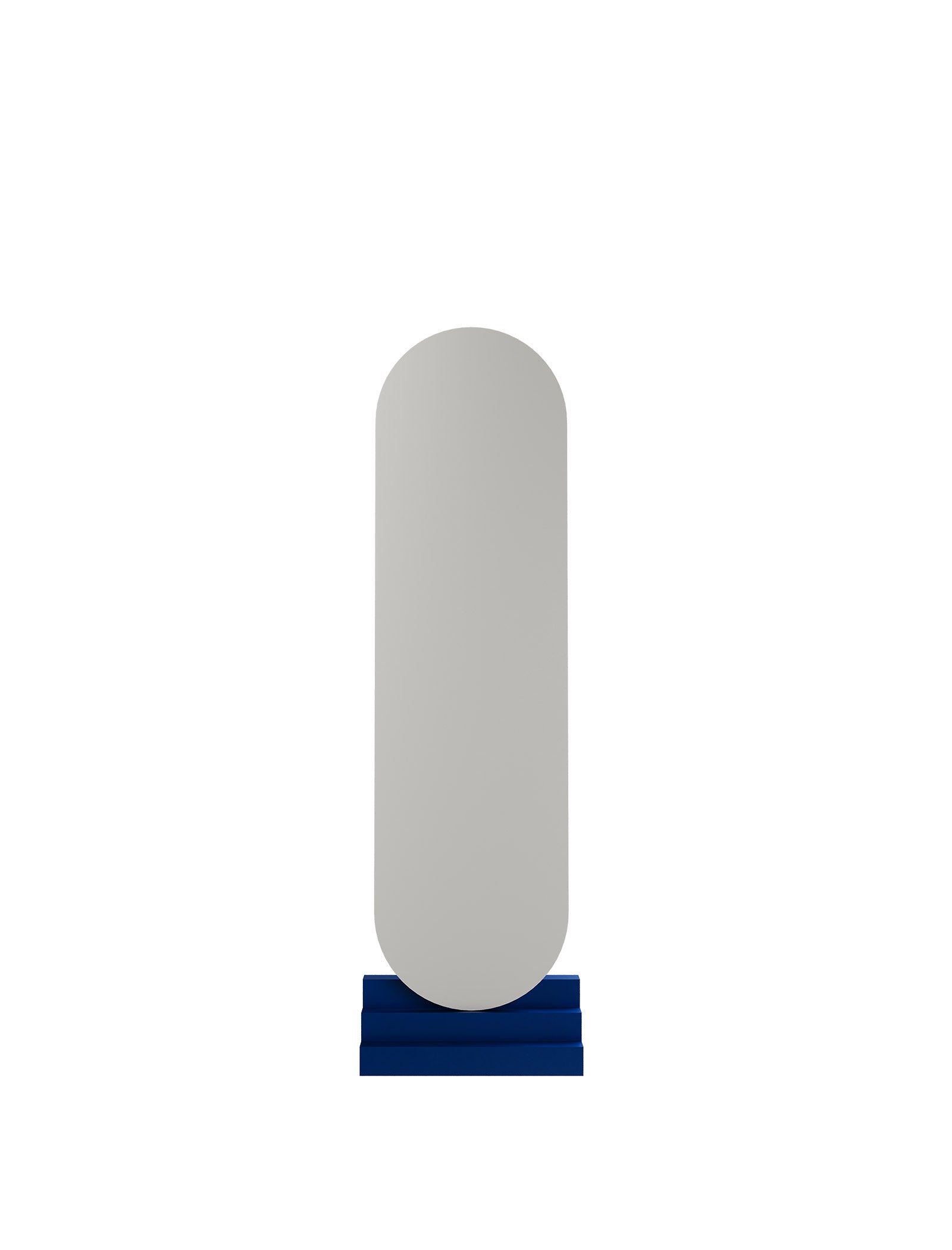 NONCHALANT Mirror L with elongated oval shape and blue base, leaning securely against the wall in a sleek design.