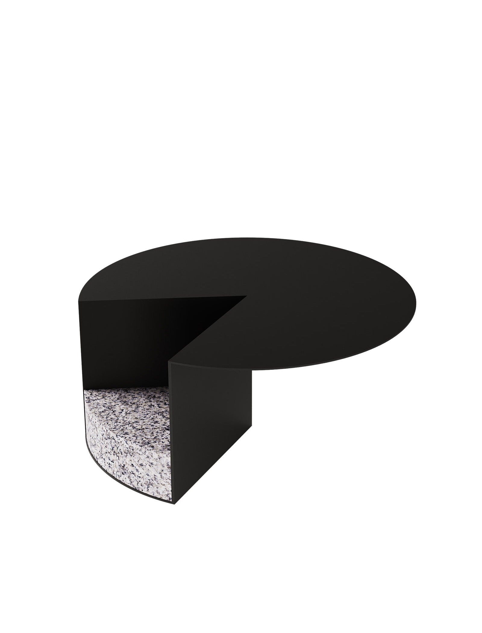 PAC Side Table - 450 with round black aluminum top and solid granite base in unique Pac-Man-inspired design.