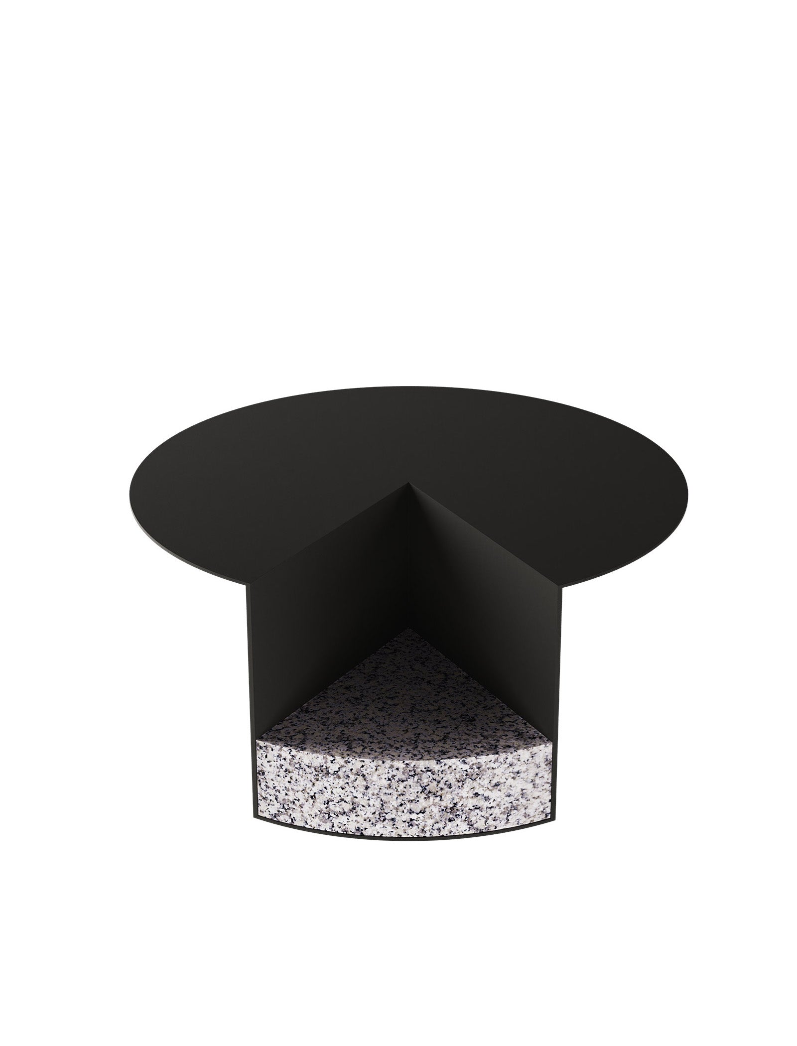 PAC Side Table - 450 with round black aluminum top and solid granite base inspired by Pac-Man shape.