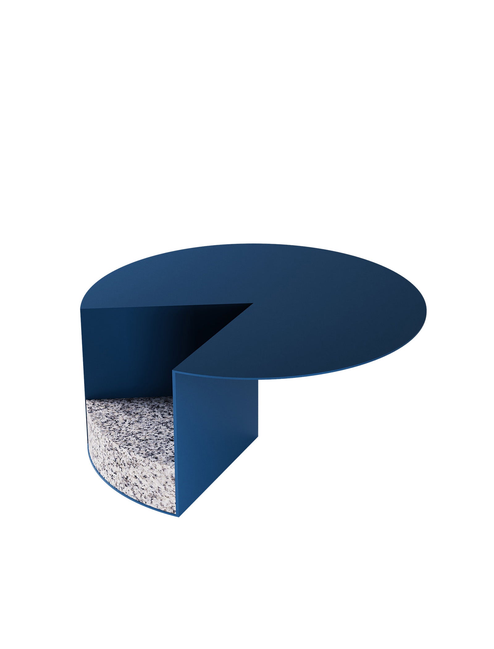 PAC Side Table - 450 with round blue aluminum top and sturdy granite base in contrasting design.