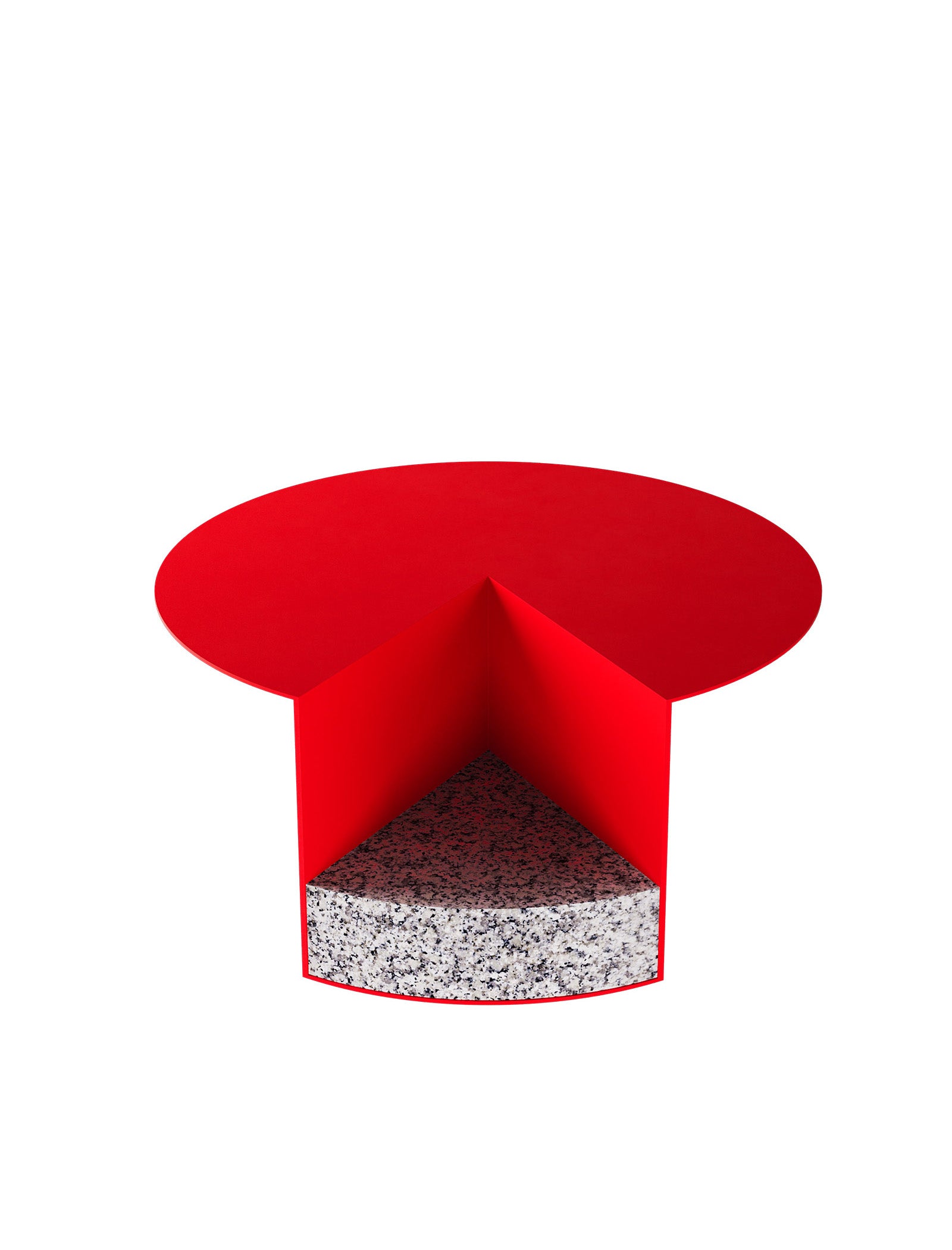 PAC Side Table - 450 with red aluminum top and granite base inspired by Pac-Man design.