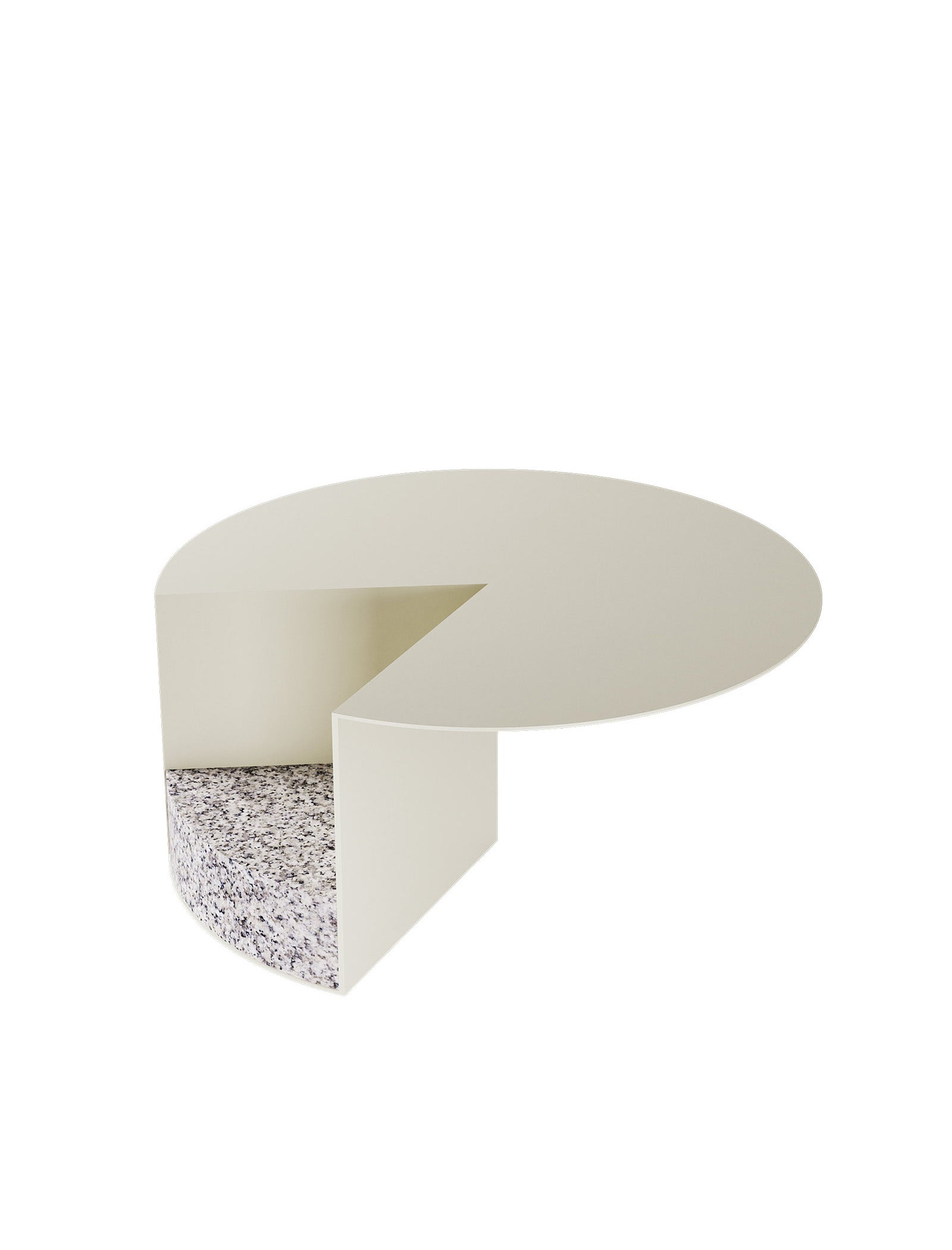 PAC Side Table - 450 with round aluminum tabletop inspired by Pac-Man and solid granite base in neutral tones.