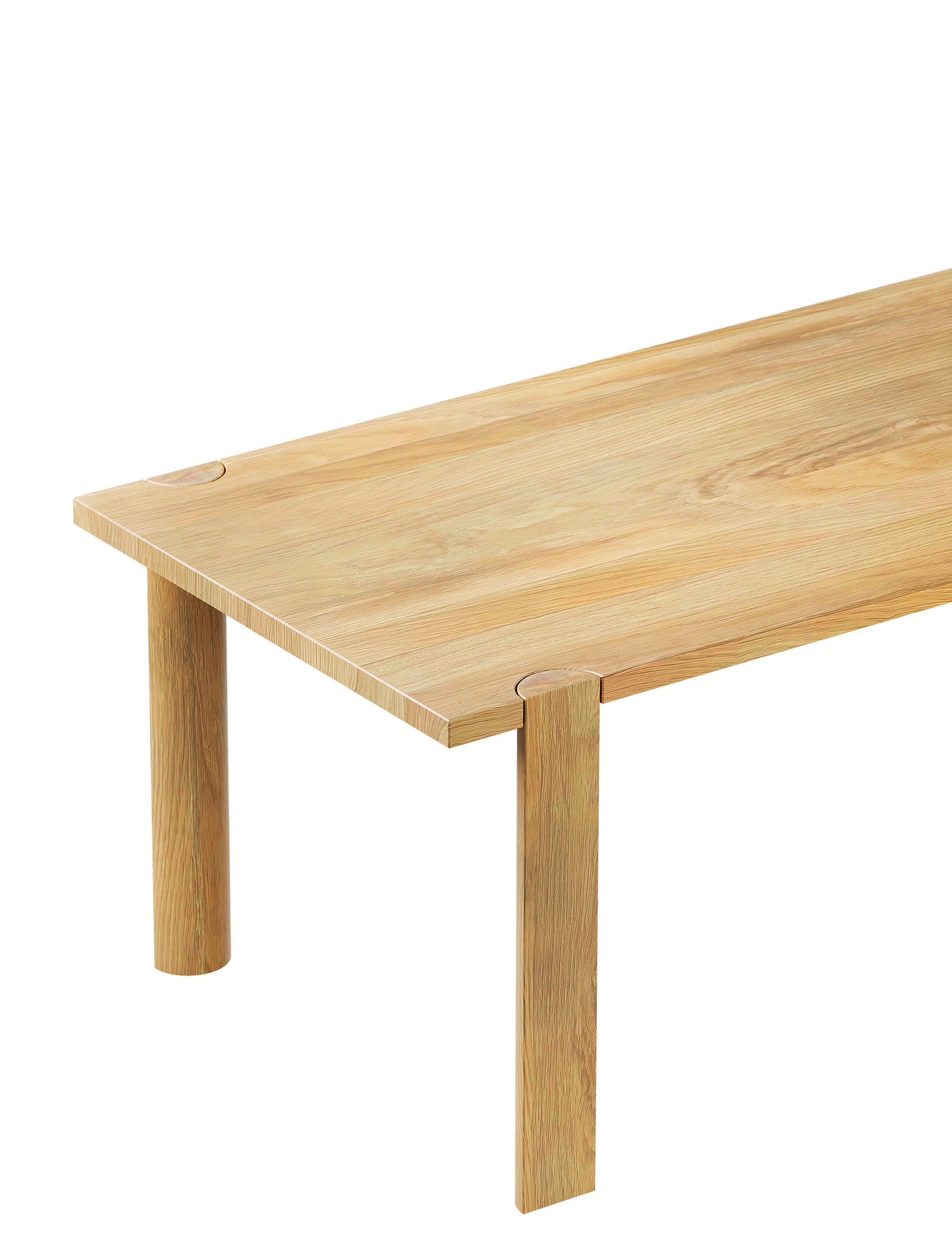 EVERYDAY Table made of solid wood with unique half-round legs and visible end grain on the tabletop edge.