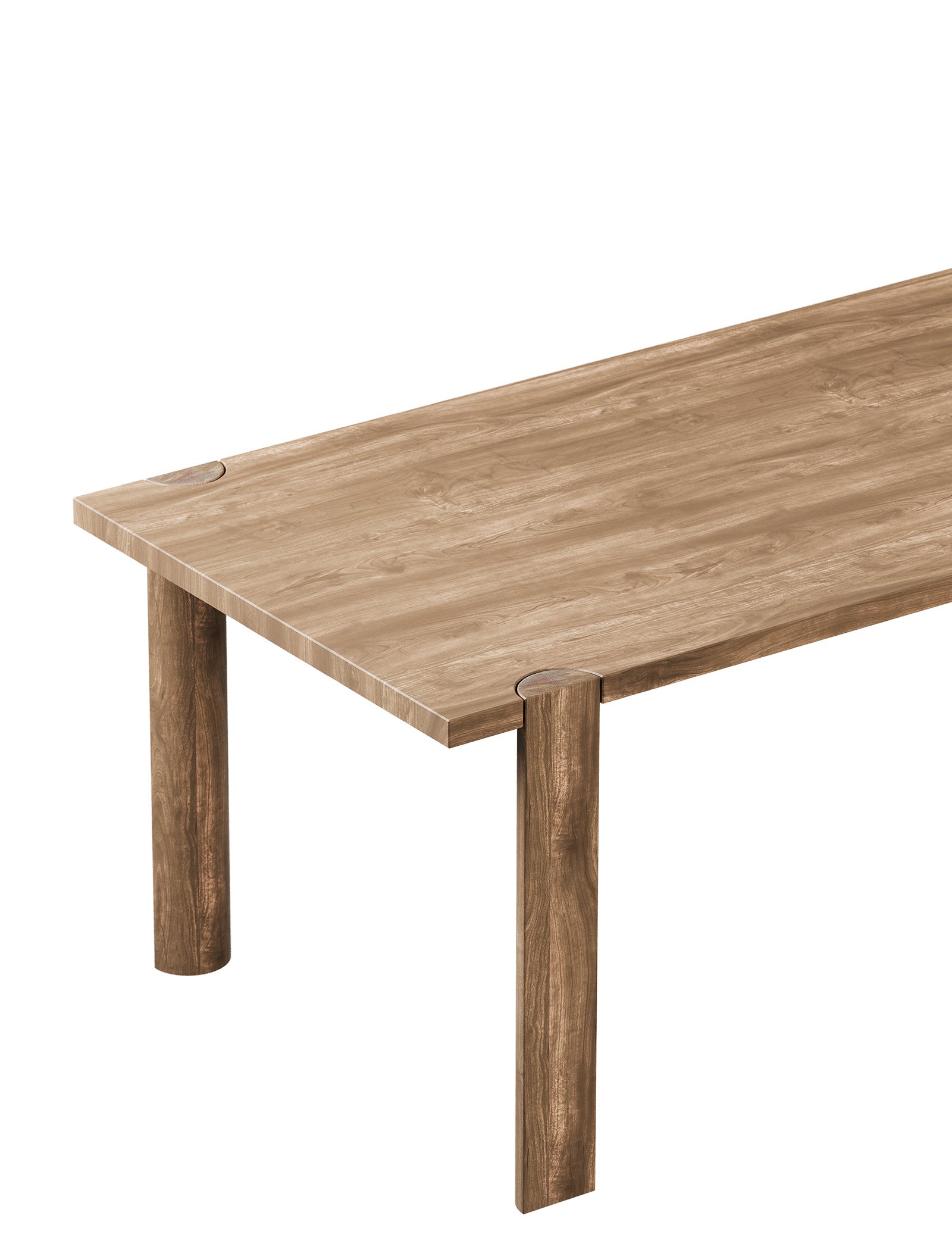 EVERYDAY Table made of solid wood with four rounded legs and visible end grain on the tabletop, modern and colorful options.