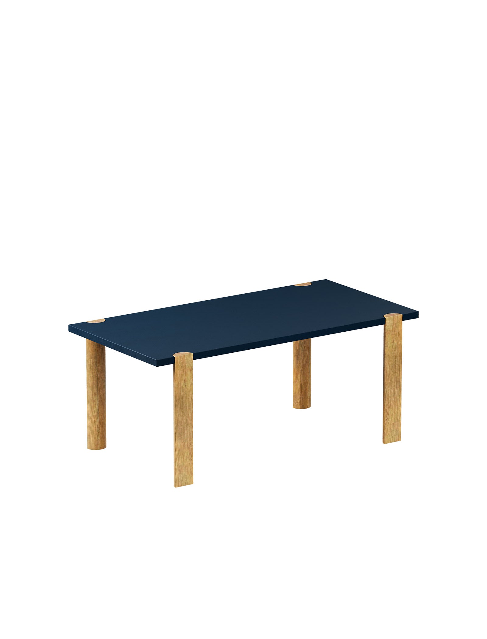 EVERYDAY Table – Color with a dark blue solid wood top and four natural wooden rounded legs.