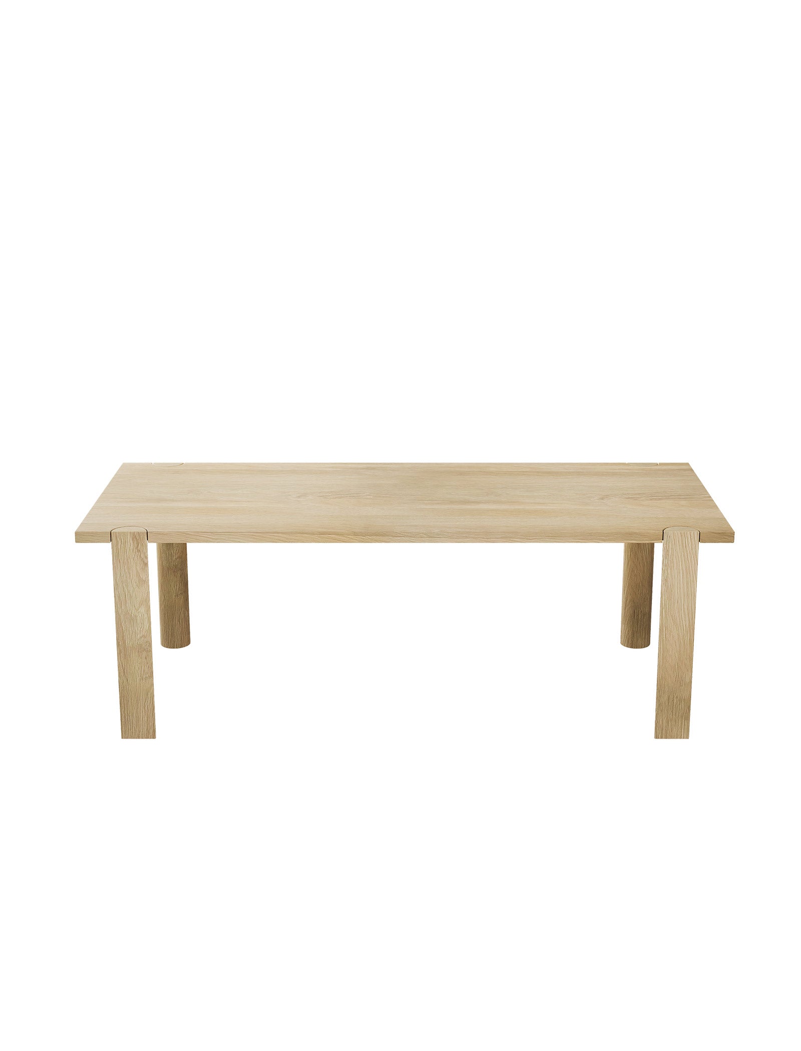 EVERYDAY Table made of solid wood with four half-round legs and visible end grain on tabletop surface.