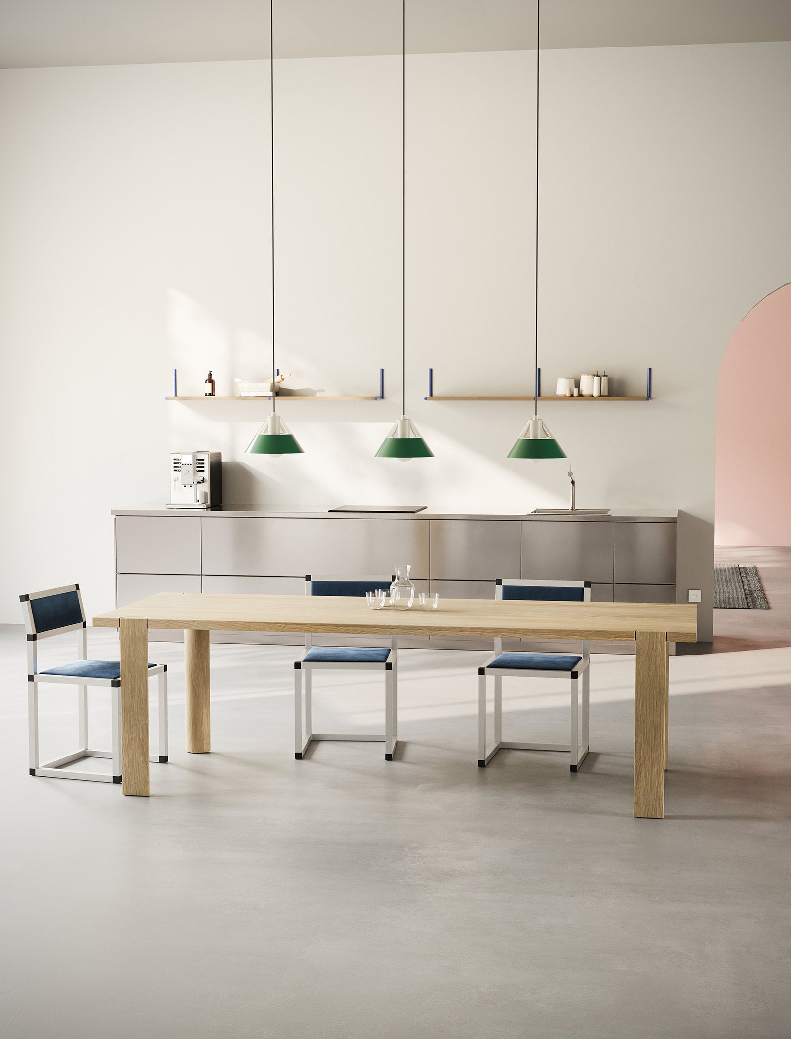 EVERYDAY Table made of solid wood with four rounded legs, shown in a modern minimalistic dining room setting.