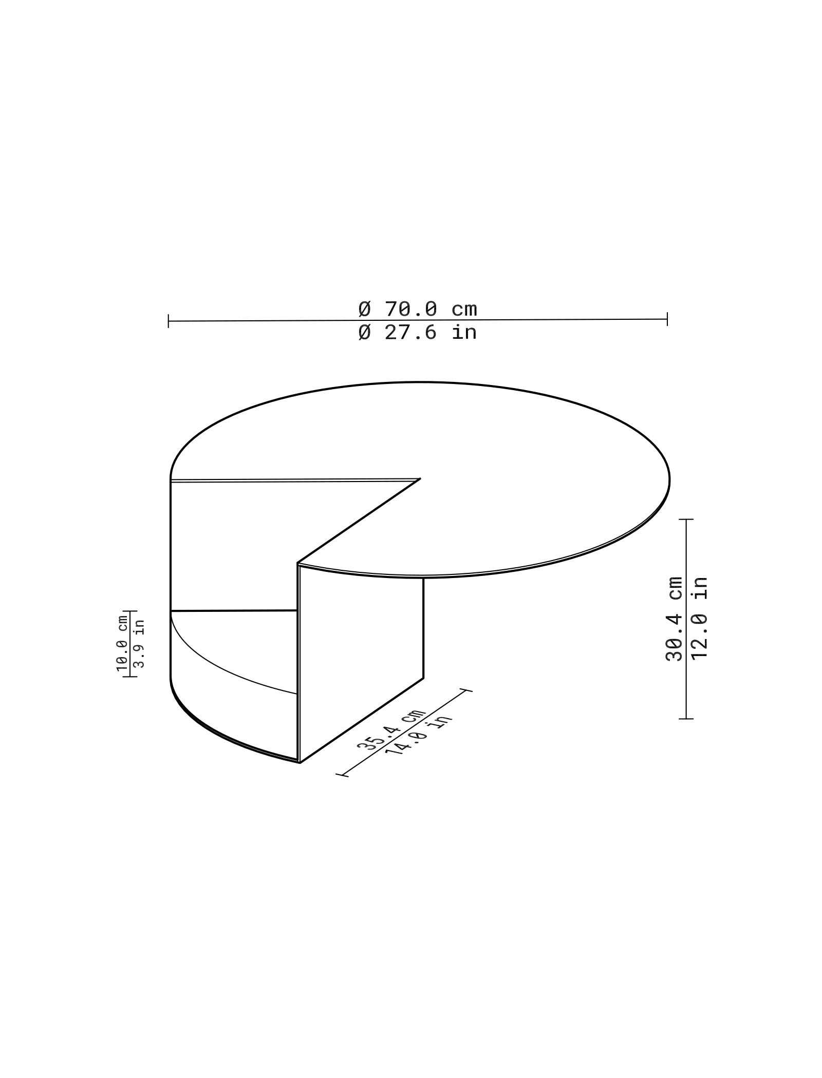 PAC Side Table - 450 technical drawing showing round tabletop and dimensions in centimeters and inches.