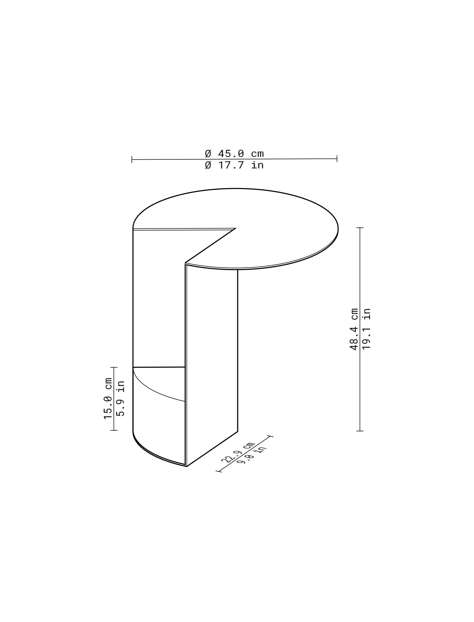 PAC Side Table - 700 technical line drawing with dimensions showing round top and solid base details.