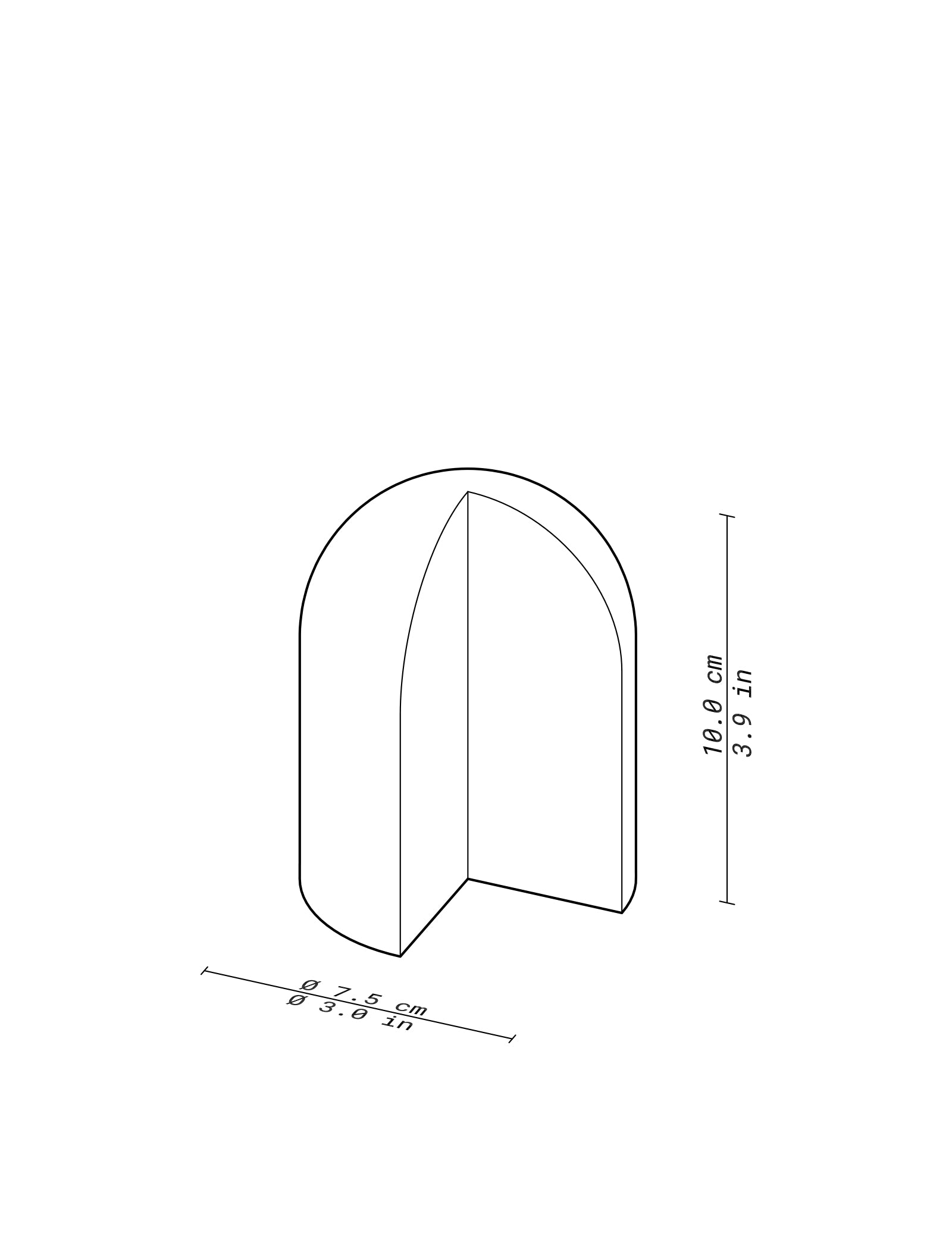 NOOK Bookend - B with curved top and cut-out corner, measuring 10 cm height and 7.5 cm width for book support.